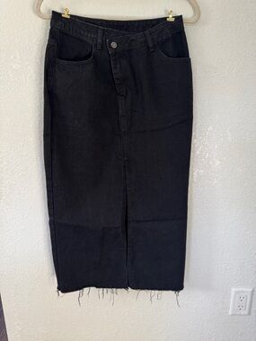 Black Maxi Denim Skirt with Front Slit